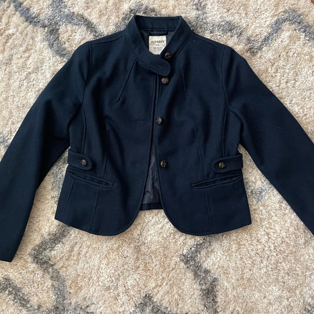 Navy Blue Crop Wool Jacket
